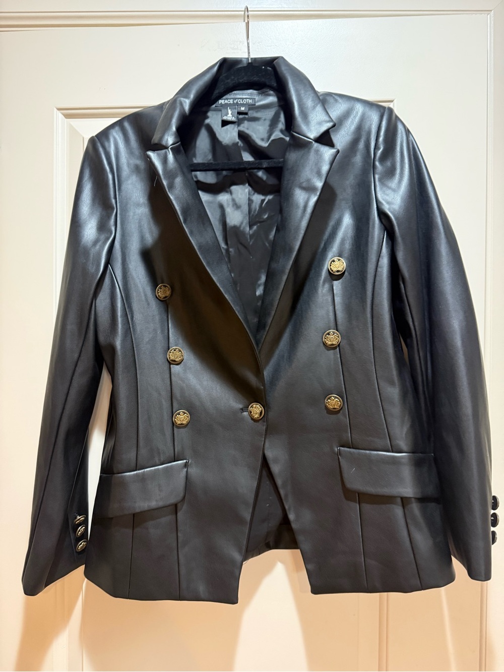 Peace of Cloth Black Faux Leather Double-Breasted Blazer with Gold Buttons